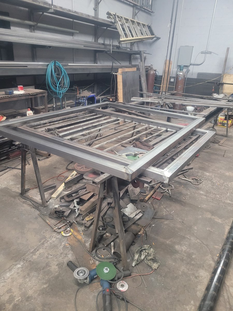 Steel gate frame under fabrication in the shop